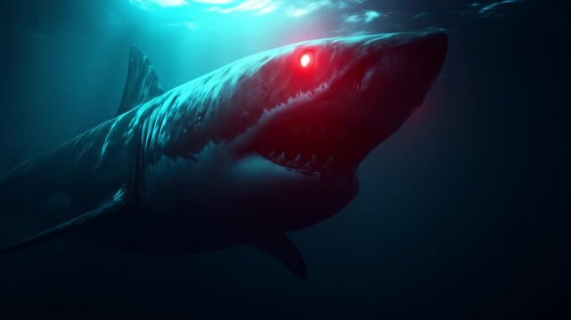 A lone great white silhouette glides through dim blue water, jaws open, teeth bared. slicing depths