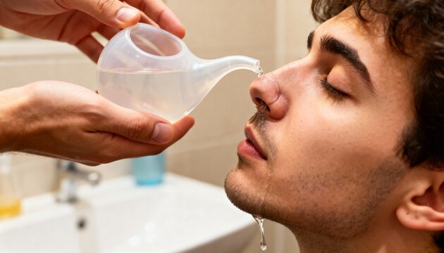 Close-up of a person performing nasal irrigation with a neti pot, a therapeutic nasal rinse for sinus relief and hygiene, in a bathroom setting.