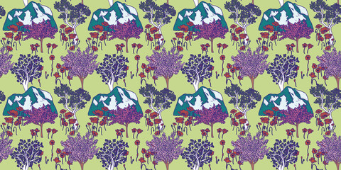 Mountains, trees, and flowers horizontal pattern. Armenian landscape illustration. Landscape and nature spring green print. Hiking wallpaper.