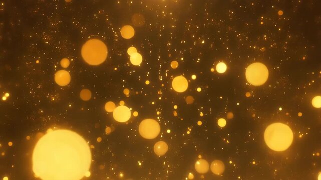 Abstract gold blurred bokeh background with lights particles on dark background. Defocused photo effect. Slow motion. New year and Christmas. 4K, social media