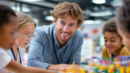 Fototapeta premium Teacher assists diverse group of enthusiastic faceless students with engaging project in bright classroom, fostering collaboration and hands-on learning, defocused educational supp