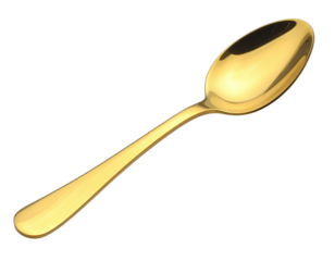 Isolated, gleaming golden spoon with a reflective surface against a stark black backdrop