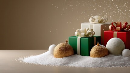 Bright holiday decorations with colorful gifts and festive ornaments on a snow-covered surface create a warm celebration atmosphere during Christmas