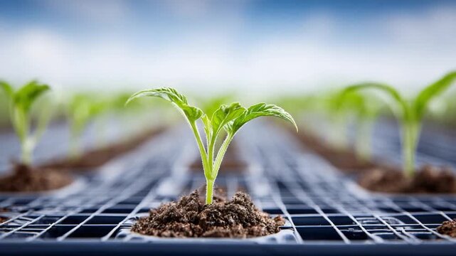 Growth of Seedling: A close-up view captures the vibrant growth of a young seedling emerging from fertile soil, set against a backdrop of similar seedlings in neat rows.