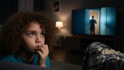 Young child with curly hair intently watches a thrilling movie on television. The kid bites nails, engrossed in the suspenseful scene. Popcorn is scattered on a cozy blanket