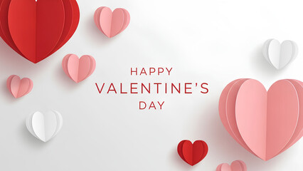 Happy valentine's day red lettering with large 3d paper hearts. Flying folded craft love symbols on white background for modern clean holiday banner or header design element for celebration