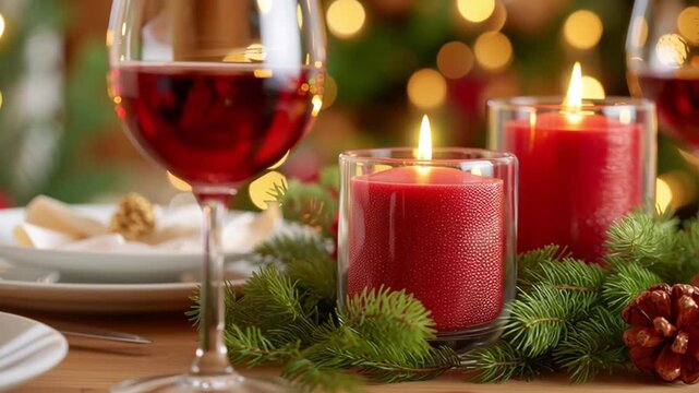 Close-up of red candles, pine needles, and pinecone beside glasses of red wine on a festive table. Flames flicker as camera slowly slides and refocuses on Christmas lights in soft bokeh.