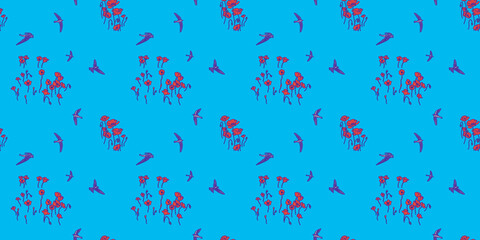 A fresh spring nature horizontal pattern. Swallows fly in the blue sky. Red flowers and birds.