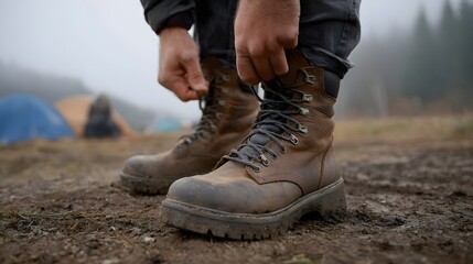 Close up of hands lacing rugged brown hiking boots on muddy ground with tents in a foggy outdoor camping environment