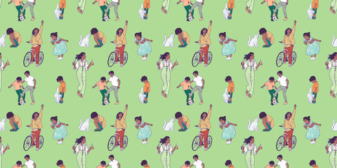Illustration of people silhouettes. Children's horizontal green pattern. Boys playing football, a girl riding a bike, a toddler eating ice cream. Kids games print wallpaper.