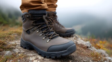 Close up of rugged brown hiking boots standing on a rocky mountain ledge with fog in the background