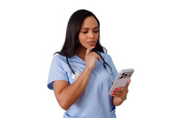 Female nurse or doctor contemplating a medical decision while viewing information on a smartphone, transparent background