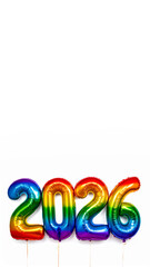 Bunte 2026 Zahlenballons in Regenbogenfarben mit Farbexplosion, Konfetti und Glitzer auf wei&szlig;em Hintergrund