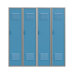 front view of blue metal locker cabinets with vented doors and handles, evenly aligned and centered, isolated on a transparent background, school or gym storage concept.