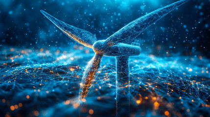 Wind turbine surrounded by glowing data streams and digital connections at night