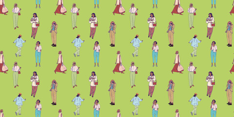 Illustration of people silhouettes on the street, horizontal green pattern. Many women engaged in various daily activities, print wallpaper. Coffee and shopping.
