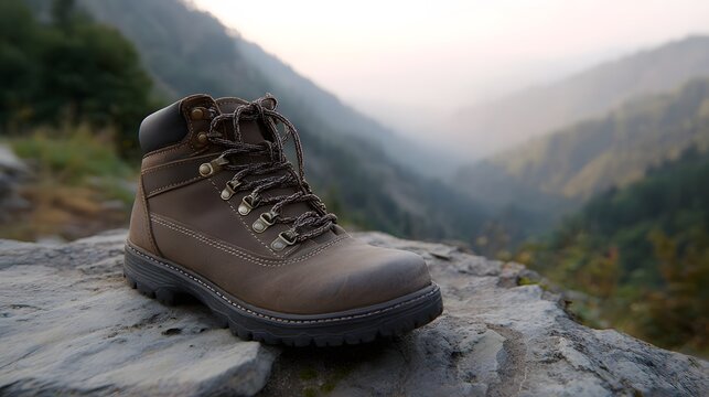 A brown leather hiking boot rests on a rocky ledge overlooking a misty mountain valley at dawn