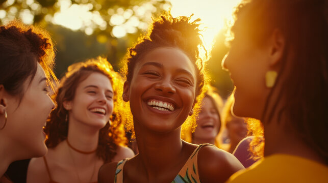 Laughter and joy among friends during a sunset gathering in a park setting