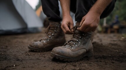 Close up of hands tying rugged muddy hiking boots on damp dirt ground next to a tent ready for an outdoor adventure