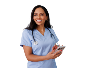 Female nurse in uniform smiling, representing medical care, technology, and health communication on transparent background