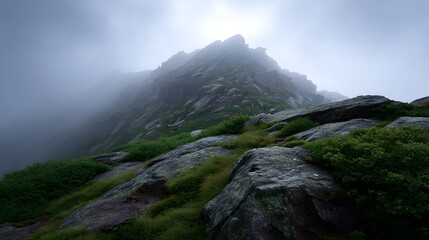 A dramatic view of a misty mountain peak with rugged fog shrouded slopes covered in green grass and hardy vegetation under an overcast sky