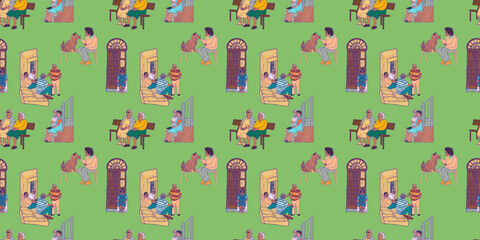 Illustration of elderly people's silhouettes on a street, a horizontal green pattern. Many men and women relax together in a courtyard. Wallpaper print.