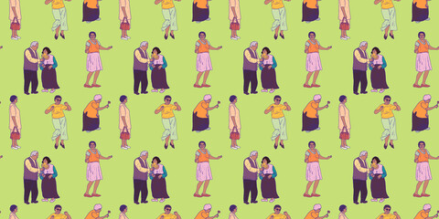 Illustration of elderly people's silhouettes, horizontal green pattern. Many men and women print wallpaper.