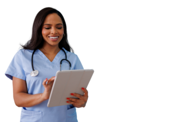 Female nurse using digital tablet for remote patient care during telehealth consultation on transparent background