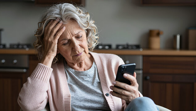 Stressed senior woman struggling with smartphone technology