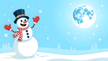 Cheerful snowman enjoying winter night under full moon