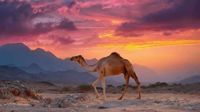 Desert landscape at sunseta lone camel on sandy ground jagged mountains, and a glowing sky at dusk
