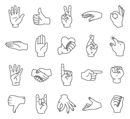 Gesture communication hand sign set in outline line art illustrating diverse meaningful human signals shown across various everyday contexts enhancing design projects