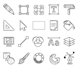Tool application interface set in outline line art for enhancing diverse editing workflows with practical symbols supporting illustration tasks across graphic projects in design