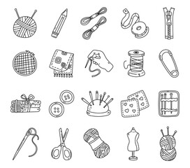 Sewing cutting tools set in outline line art showcasing handmade tailoring essentials for needlework crafts workshops projects clothing repairs measuring stitching design