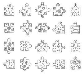Puzzle set in outline line art ornament leisure jigsaw pieces designed for children learning logic thinking through matching play activities objects