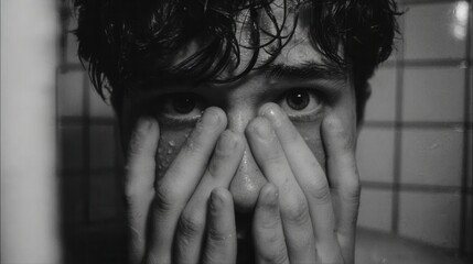 Black and white close-up of a man's face, partially obscured by his hands, with water droplets visible, creating an intimate, raw image.