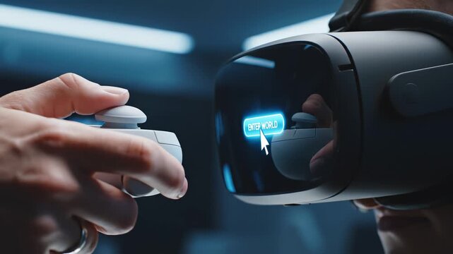 Person using virtual reality headset and controller