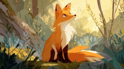 Obraz premium A fox is sitting on the ground in a forest. Sunlight shines through the trees highlighting the fox. The scene is filled with plants and greenery.