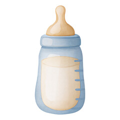 Watercolor baby bottle illustration in soft blue and beige tones for nursery design isolated on black background
