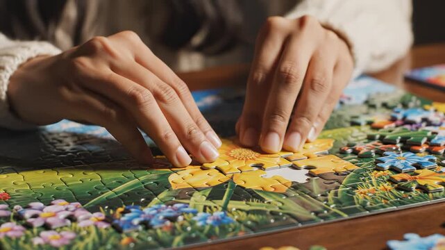 Hands assembling a colorful puzzle