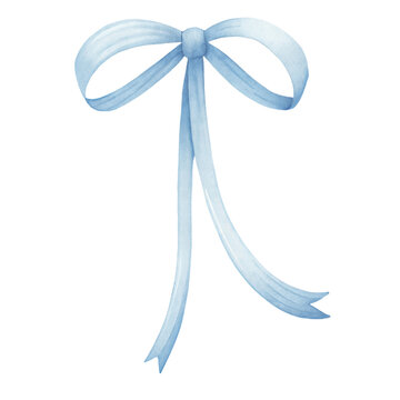 Watercolor blue bow ribbon illustration in soft pastel tones cute nursery decor element for baby boy design hand painted bow isolated on black background