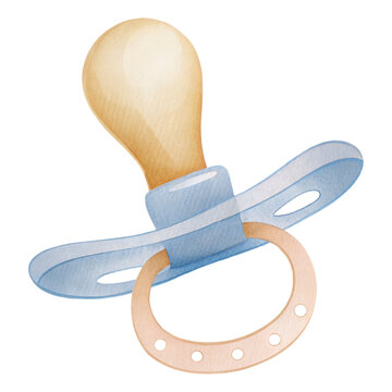 Watercolor baby pacifier illustration in soft blue and beige tones for nursery design isolated on black background
