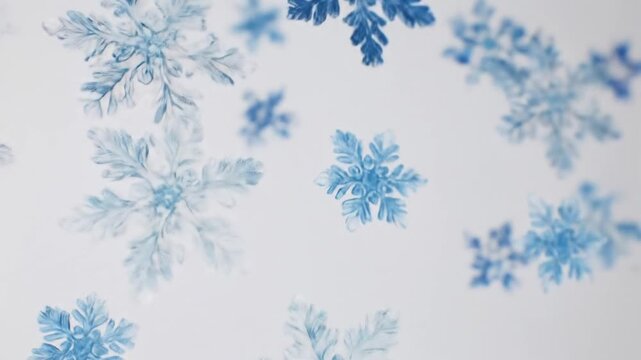 Blue snowflakes spread across a white background, intricate, icy crystals in delicate symmetry very