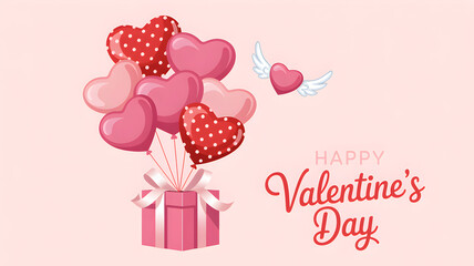 Happy valentine's day celebration with pink and red heart shaped balloons tied to a gift box on a soft pink background with white wings