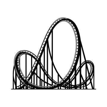 A black and white illustration of a looping roller coaster track design