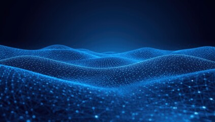 Abstract Blue Digital Network Wave with Connected Nodes and Wireframe Mesh, Futuristic Technology Background for AI, Big Data, Blockchain, and Modern Graphic Design