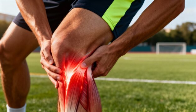 Close-up of a soccer player's knee with glowing red muscles indicating pain or injury, on a blurred sports field background, perfect for medical or sports-related content.