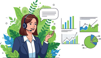 Friendly customer service consultant wearing a headset, surrounded by green foliage, delivering business and financial advice with a focus on ecological responsibility.