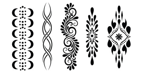 Collection of five black and white intricate henna body art and temporary tattoo stencil designs