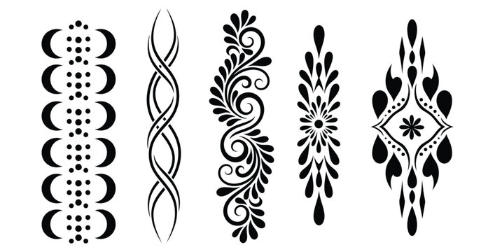 Collection of five black and white intricate henna body art and temporary tattoo stencil designs
